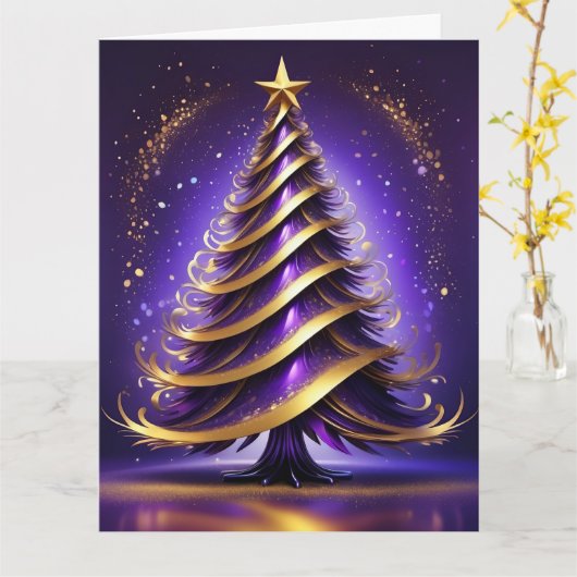 紫と金ゴールド抽象芸術クリスマスツリーデザイン カード (黄色い花)