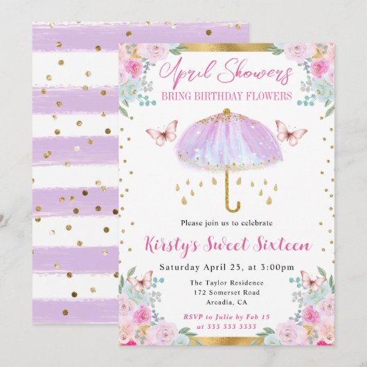 紫と金ゴールド春の傘Sweet sixteen 招待状 (正面/裏面)