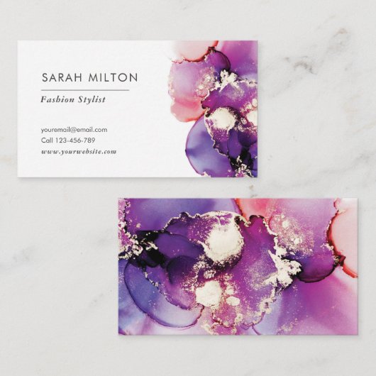 紫と金ゴールド水彩のインク名刺 名刺 (正面/裏面)