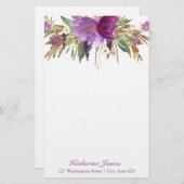 紫と金ゴールド水彩パーソナライズされた花 便箋 (正面/裏面)