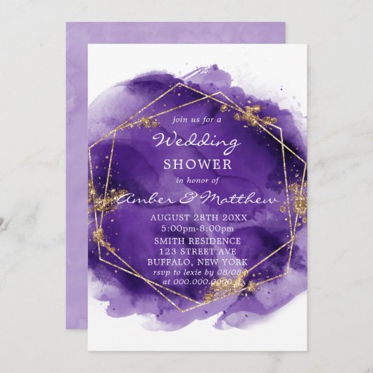紫と金ゴールド水色ウェディングシャワー招待状 (正面/裏面)