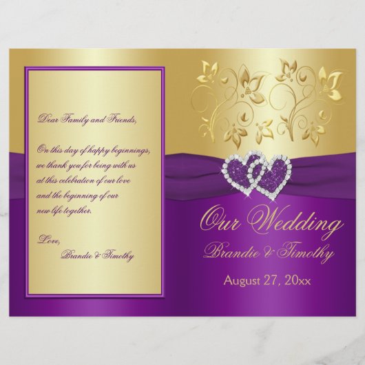 紫と金ゴールド結合ハート結婚式 プログラム (正面)