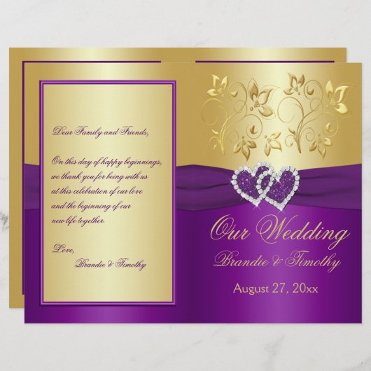 紫と金ゴールド結合ハート結婚式 プログラム (正面/裏面)