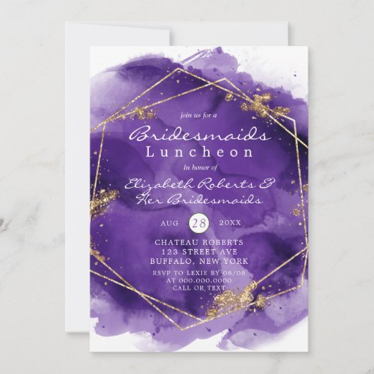 紫と金ゴールド絵を描ブリデスメイドランチョン招待状 (正面)