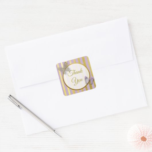 紫と金ゴールド蝶ありがとうステッカー スクエアシール (封筒)