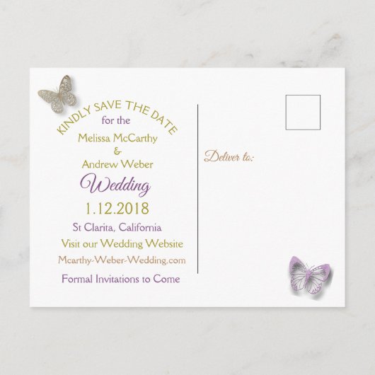 紫と金ゴールド蝶が日付はがきを保存 案内ポストカード (裏面)