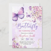 紫と金ゴールド蝶の最初の誕生日 招待状 (正面)