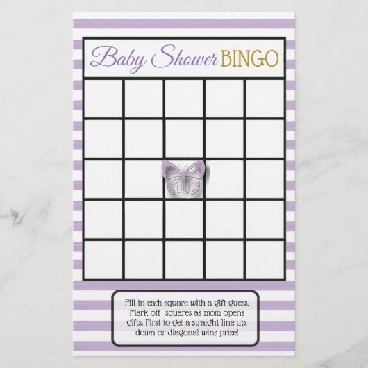 紫と金ゴールド蝶の赤ちゃんシャワーゲーム チラシ (正面)