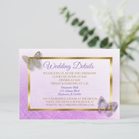 紫と金ゴールド蝶結婚の詳細カード エンクロージャーカード (スタンド正面)