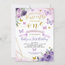 紫と金ゴールド蝶1st誕生日招待状 招待状