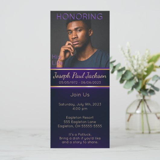 紫と金ゴールド記念撮影招待状 招待状 (スタンド正面)