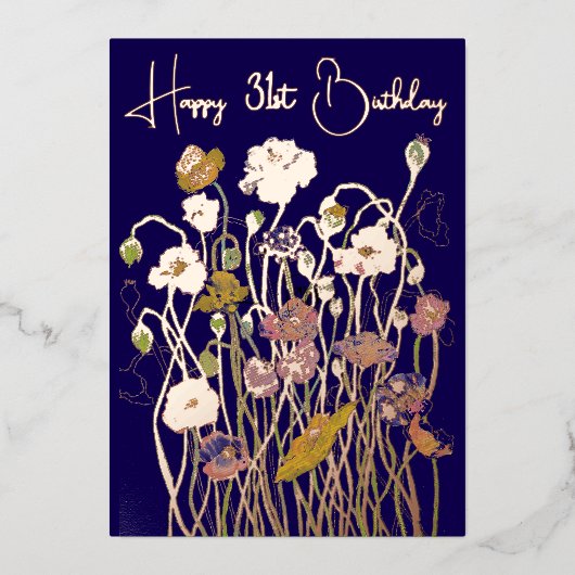 紫と金ゴールド野生のポピー水の色の熟成誕生日 箔シーズンカード (正面)