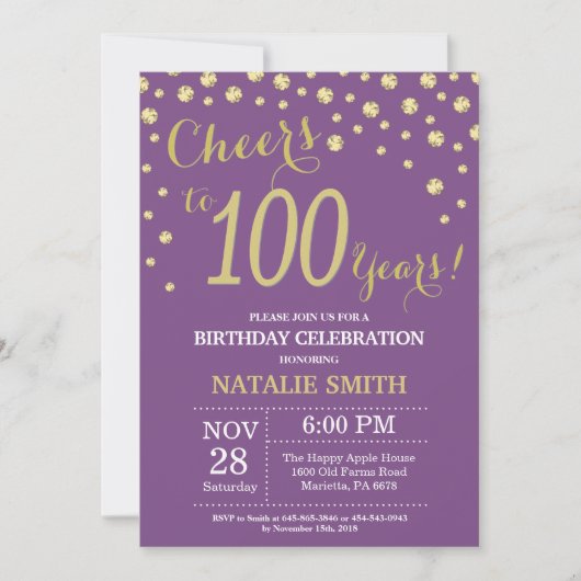 紫と金ゴールド100誕生日ダイヤモンド招待状 招待状 (正面)