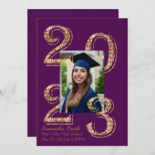 紫と金ゴールド2023写真卒業 招待状 (正面/裏面)