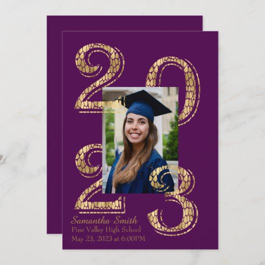 紫と金ゴールド2023写真卒業 招待状 (正面/裏面)