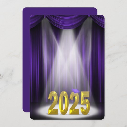 紫と金ゴールド2025スポットライトでの卒業 招待状 (正面/裏面)