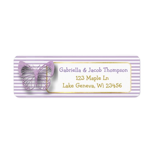 紫と金ゴールド3Dバタフライ差出人住所ラベル ラベル (正面)