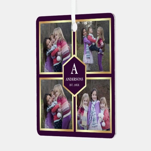 紫と金ゴールド4写真家族写真コラージュ メタルオーナメント (正面左)