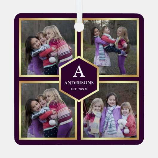 紫と金ゴールド4写真家族写真コラージュ メタルオーナメント (裏面)
