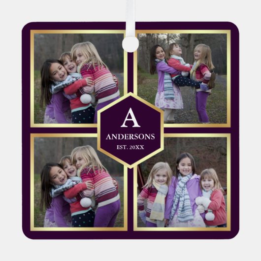 紫と金ゴールド4写真家族写真コラージュ メタルオーナメント (正面)