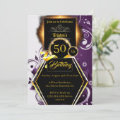 紫と金ゴールド50歳の誕生日招待状 招待状 (スタンド正面)