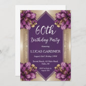 紫と金ゴールド60歳の誕生日招待状 招待状 (正面/裏面)