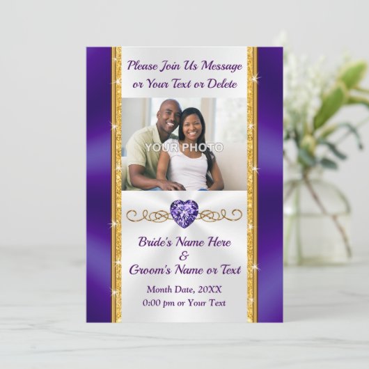 紫と金ゴールド、結婚式招待状と写真 招待状 (スタンド正面)