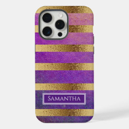 紫と金属の金ゴールド ストライプの iPhone 15 PRO MAXケース