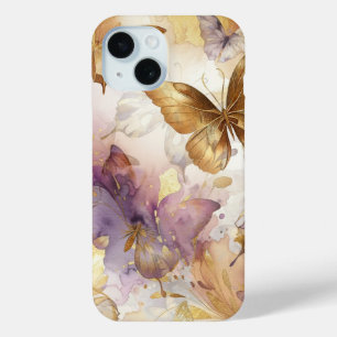 紫と金色の蝶 水彩画の蝶々 iPhone 15ケース