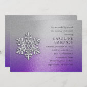 紫と銀とスノーフレーク冬の誕生日 招待状 (正面/裏面)