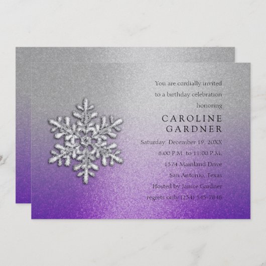 紫と銀とスノーフレーク冬の誕生日 招待状 (正面/裏面)