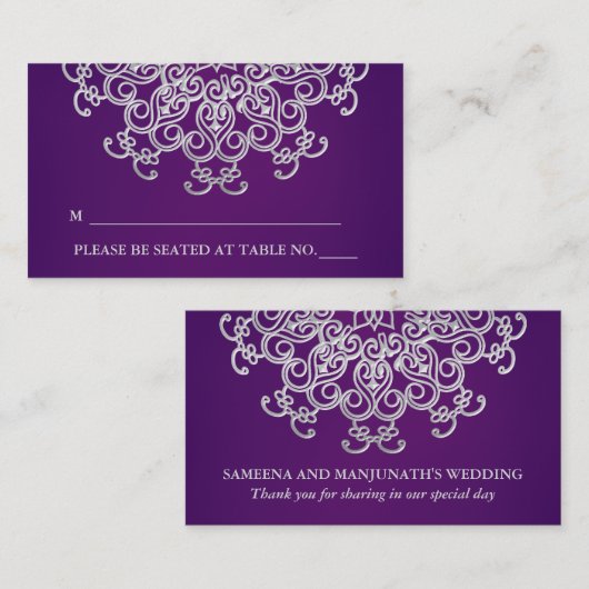 紫と銀のインディアンスタイル座席座席表 プレイスカード (正面/裏面)