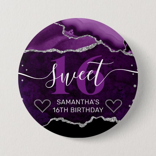 紫と銀のグリッターアガテマーブルスウィート16 缶バッジ (正面)