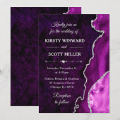 紫と銀のグリッターアゲートと結婚大理石 招待状 (正面/裏面)