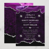 紫と銀のグリッターアゲートマーブル結婚ズ 招待状 (正面/裏面)