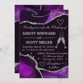 紫と銀のグリッターアゲート結婚大理石ズ 招待状 (正面/裏面)