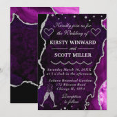 紫と銀のグリッターアゲート結婚大理石ズ 招待状 (正面/裏面)