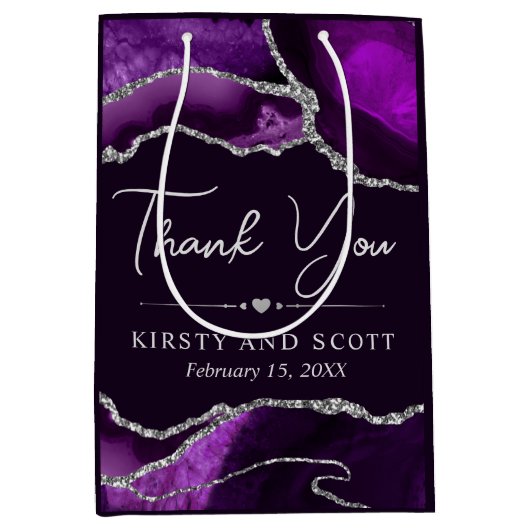 紫と銀のグリッターアゲ結婚ート ミディアムペーパーバッグ (正面)