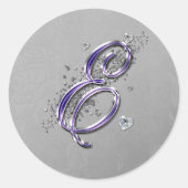 紫と銀のグリッタースファンシークリプトモノグラムE ラウンドシール (正面)