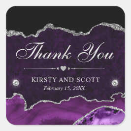紫と銀のグリッター大理石アゲ結婚ート スクエアシール