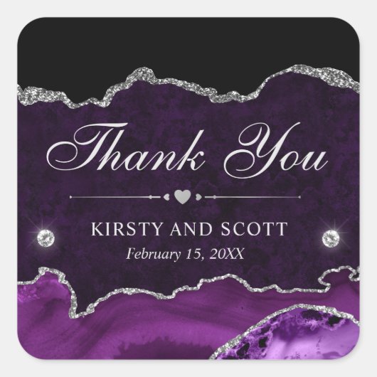 紫と銀のグリッター大理石アゲ結婚ート スクエアシール (正面)