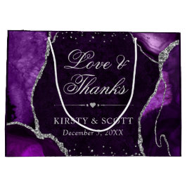 紫と銀のグリッター大理石アゲ結婚ート ラージペーパーバッグ