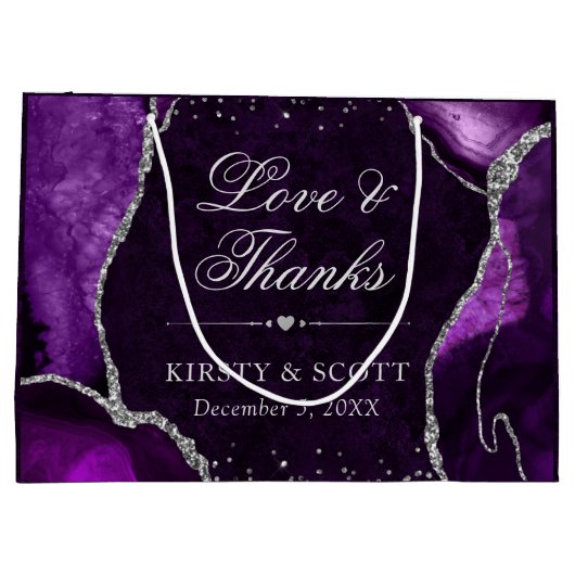 紫と銀のグリッター大理石アゲ結婚ート ラージペーパーバッグ (裏面)