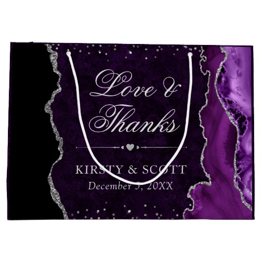 紫と銀のグリッター大理石アゲ結婚ート ラージペーパーバッグ (裏面)