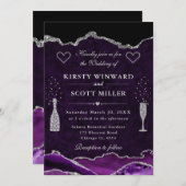 紫と銀のグリッター大理石アゲ結婚ート 招待状 (正面/裏面)