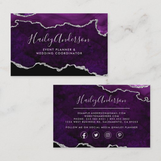 紫と銀のグリッター水の色の金箔の瑪瑙 名刺 (正面/裏面)