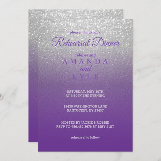 紫と銀のグリッター-リハーサルディナー 招待状 (正面/裏面)