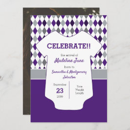 紫と銀のグレーパターアーガイルンベビー写真 案内状