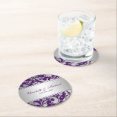 紫と銀のダマスクが渦巻結婚く ラウンドペーパーコースター (インサイチュ)
