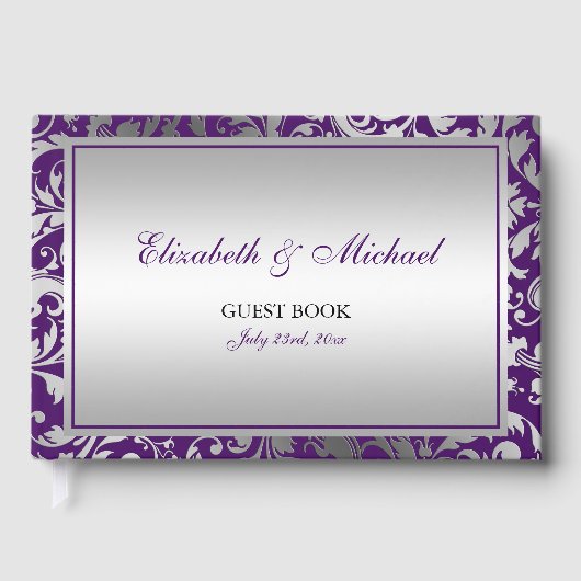 紫と銀のダマスクの渦巻結婚き ゲストブック (正面)